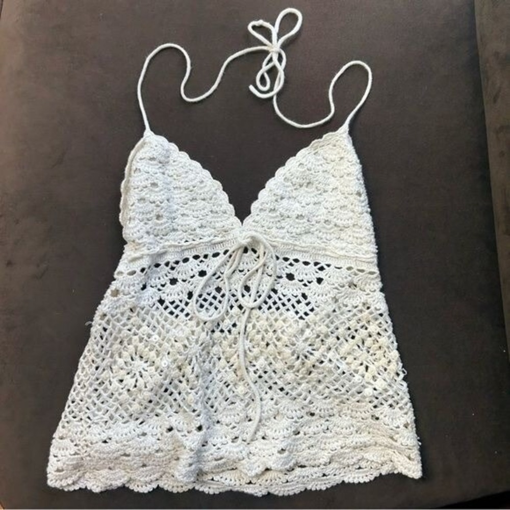 Y2K vintage Coolwear crochet & beaded halter sweater small medium in white - Picture 2 of 12